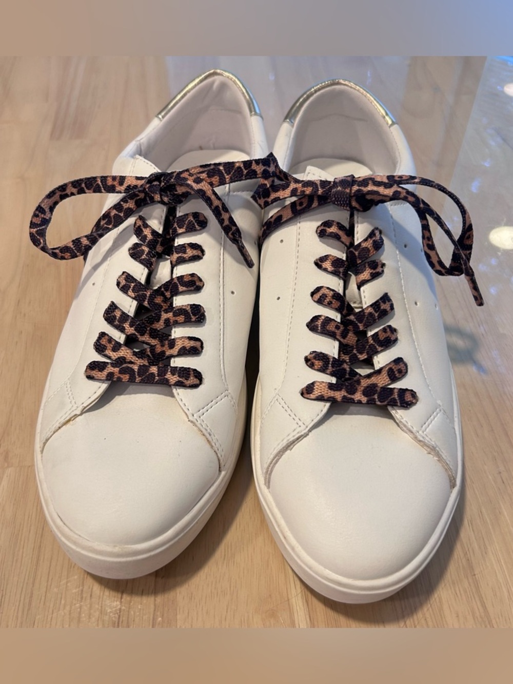 Steve Madden White Leather Lace-Up Sneakers with Leopard Print Laces Size 10